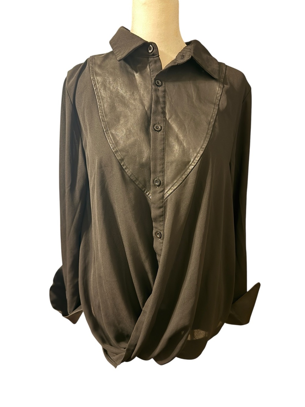 Gracie Women’s Faux Leather Bib button up Casual Top